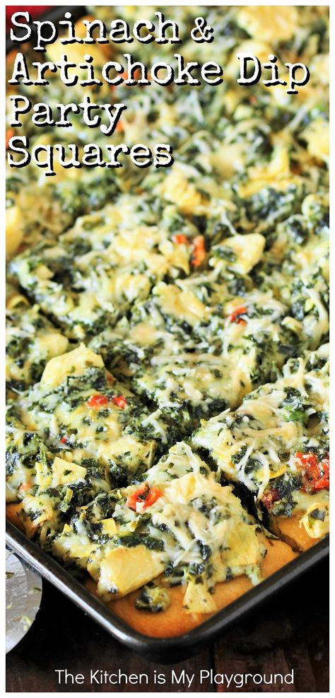 Spinach & Artichoke Dip Party Squares ~ Bake everyone's favorite spinach & artichoke dip on a crescent roll crust and turn it into delicious party squares! Perfect for gobbling up during game day watching or for any party. #gameday #partyfood #spinachdip  www.thekitchenismyplayground.com Party Squares, Crescent Roll Appetizers, Dip Party, Crescent Roll Crust, Spinach And Artichoke Dip, Artichoke Recipes, Appetizers Easy Finger Food, Best Appetizer Recipes, Crescent Roll Recipes