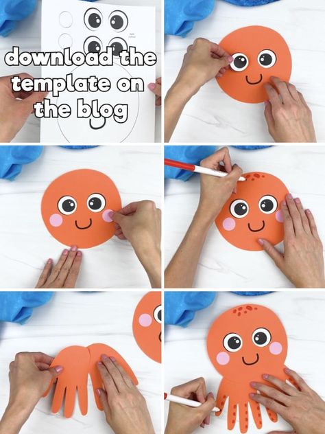 Download Your Handprint Octopus Template Below Octopus Crafts For Preschoolers, Octopus Toddler Craft, Octopus Craft Preschool Free Printable, Octopus Craft Kindergarten, Octopus Handprint Craft, Octopus Art Preschool, Octopus Template Free Printable, Octopus Crafts For Toddlers, Octopus Craft Preschool