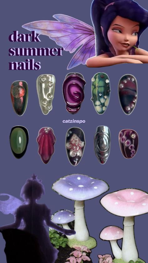 Eclectic Nail Art, Whimsical Nail Designs, Dark Flower Nails, Mystic Nail Art, Nails Alternative Style, Howls Moving Castle Nail Art, Swamp Nails, Forest Fairy Nails, Star Charm Nails