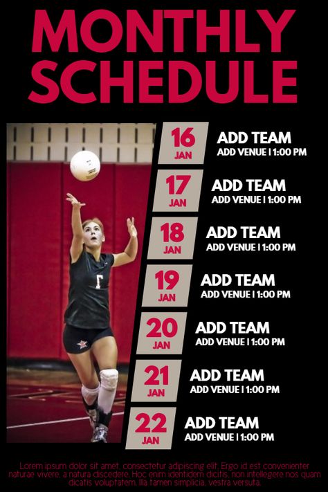 Volleyball match schedule poster template Match Schedule Design, Schedule Poster, Sports Schedule, Event Schedule Design, Event Poster Design Inspiration, Match Schedule, Team Schedule, Volleyball Tournaments, Instagram Schedule