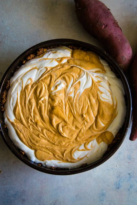 swirling the cheesecake batter and sweet potato pie batter in metal springform pan. Sweet Patato, Swirled Cheesecake, Fun Cheesecake Recipes, Cheesecake Pie Recipes, Sweet Pot, Sweet Potato Dessert, Sweet Potato Cheesecake, Sweet Potato Pecan, Sweet Potato Pies Recipes