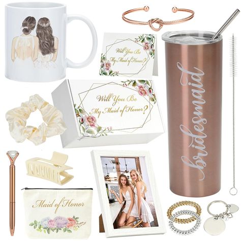 PRICES MAY VARY. 🎁 Bride Gift Set: Perfect Bride Single Party Gift Ideas include stainless steel cup * 1, photo frame * 1, mug * 1, keychain * 1, hair ring * 1, hair clip * 1, bracelet * 1, makeup bag * 1, phone rope * 2 💎Unforgettable Bridesmaid Proposal Gifts - Show Your Love with an Elegant Bridesmaid Gift Set,Our bridesmaid proposal box will make a lasting impression, showing your bridesmaids how much they mean to you. 🌸Will you be my maid of honor? : Our carefully curated set includes a Bachelorette Party Spa, Bridesmaids Gift Sets, Perfect Bride, Proposal Box, Bridesmaid Proposal Box, Bridesmaid Proposal Gifts, Maid Of Honour Gifts, Bride Gift, Beautiful Invitations