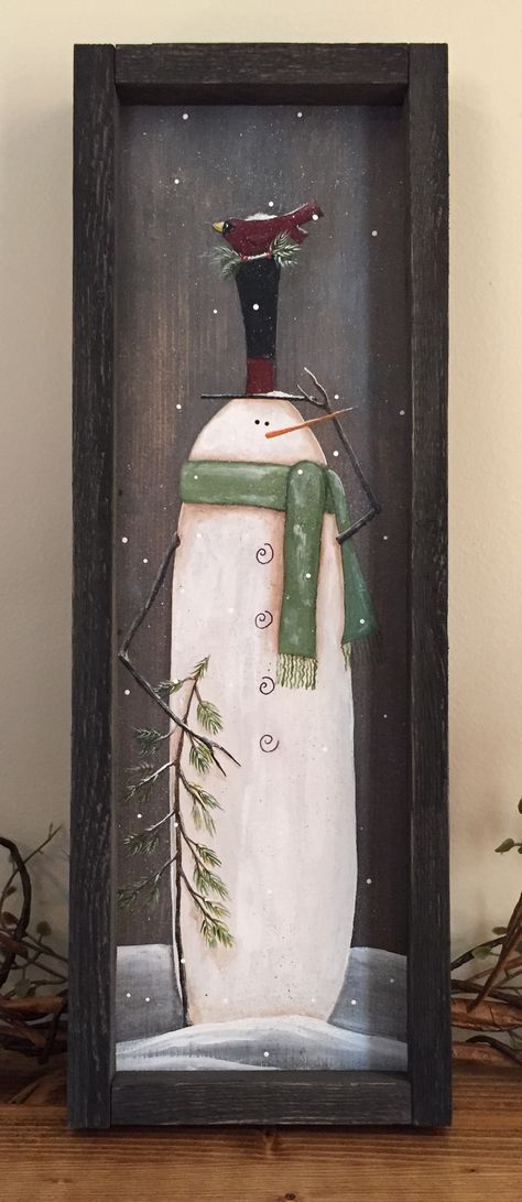 Acrylic on wood. Winter Paintings On Wood, Rustic Snowman Painting, Painted Snowmen On Wood, Primitive Snowman Painting, Painted Ironing Boards, Snowman Painting On Canvas, Painted Snowman On Wood, Vintage Painting Ideas, Snowman Painting On Wood