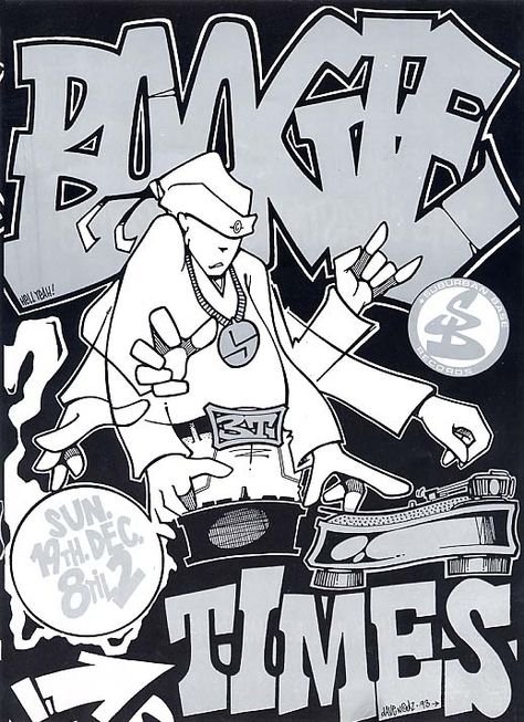 Boogie Times rave flyer - Suburban Base Skateboard, Graffiti, London, Black And White, White, Black, Art