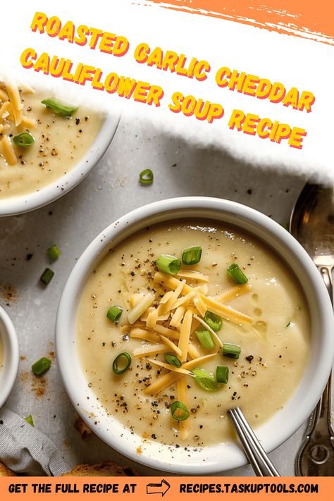 Warm up with our creamy Roasted Garlic Cheddar Cauliflower Soup! This comforting recipe combines the rich flavors of roasted garlic and sharp cheddar with the wholesome goodness of cauliflower. Perfect for cozy nights or as a savory addition to your weeknight meals. Discover a delightful blend of textures and tastes that will satisfy vegetarians and vegans alike. Try this easy-to-make soup that promises both nutrition and a burst of flavor in every spoonful. Save this recipe for a heartwarming meal idea that your whole Ambitious Kitchen Roasted Garlic Cheddar Cauliflower Soup, Cheddar Cauliflower And Garlic Soup, Creamy Cheddar Cauliflower And Roasted Garlic Soup, Cauliflower Garlic Soup, Roasted Garlic Cheddar Cauliflower Soup, Cheddar Cauliflower Roasted Garlic Soup, Cheddar Cauliflower Soup, Loaded Cauliflower Soup, Starters For Dinner