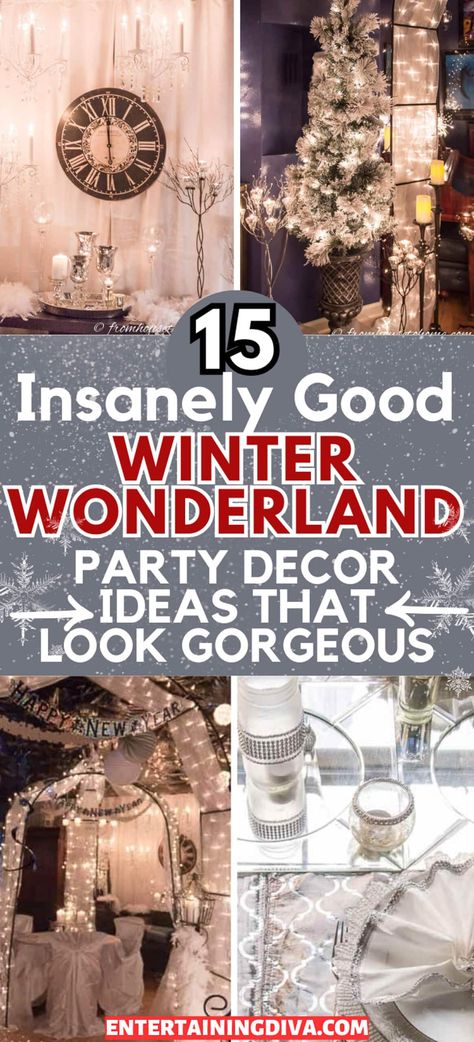 15 Elegant Winter Wonderland Party Ideas | Best New Years Eve Party Ideas Elegant Christmas Party Decorations Winter Wonderland, 50th Winter Wonderland Party, Winter Wonderland Backdrop Ideas Diy, Frost Yourself Party, White Christmas Party Theme Decorating Ideas, White Out Birthday Party Theme, White Wonderland Party, Winter Wonderland Christmas Party Ideas, Winter Wonder Land Theme