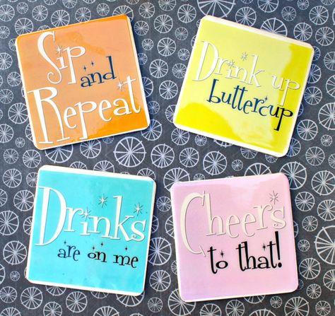 Make funny coasters that will last by using weather proof printable labels, a free printable, and resin. Complete tutorial. Resin Coasters With Quotes, Cricut Coasters Diy Vinyl, Sublimation Coasters Ideas, Cricut Coasters, Coasters Ideas, Vinyl Coasters, Coaster Tiles, Drinking Gifts, Mod Melts