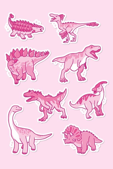 Pink dinosaur stickers for dinosaur lovers, who also like cute pink sparkly stuff! Like me, I designed this for me. You can grab these guys from my #redbubble shop~! :> Cute Pink Dinosaur, Sticker Dino, Dino Stickers, Pink And Sparkly, Dino Design, Pink Man, Animal Themed Birthday Party, Dinosaur Drawing, Dinosaur Stickers