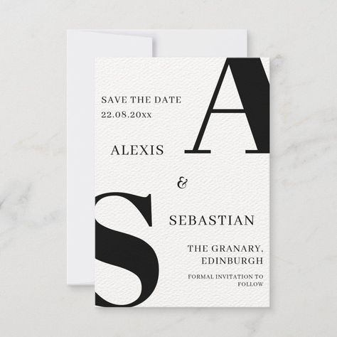 Modern Black on White Monochrome Save The Date Minimalist Wedding Invitation Modern, Safe The Date, Monochrome Weddings, Wedding Invitation Fonts, Black And White Wedding Theme, Classic Serif Fonts, White Wedding Theme, Black And White Wedding Invitations, Modern Save The Dates