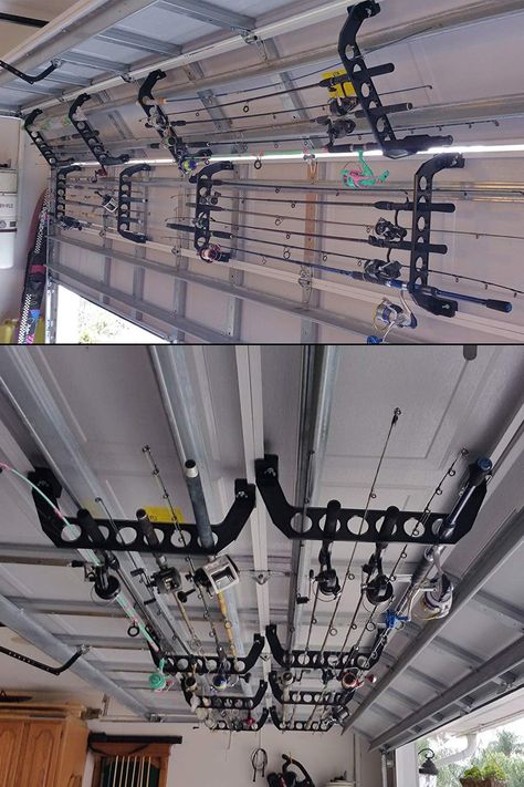 Transforms the inside of your garage door into a handy storage rack that can safely hold up to 6 fishing rods, brooms, gardening tools, hockey sticks, and more. Rod Racks Fishing, Garage Broom Storage, Garage Door Fishing Rod Holder, Garage Door Storage, Fishing Pole Rack, Broom Storage, Rod Rack, Hockey Sticks, Fishing Rod Holder