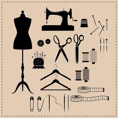 Sewing Kit Drawing, Vintage Sewing Machines Illustration, Sewing Tools Drawing, Sewing Illustration Art, Sewing Kit Illustration, Sewing Icon, Sewing Machine Illustration, Sewing Machine Logo, Tailor Logo Design