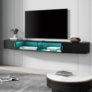 3-Tier Floating TV Stand with Adjustable Shelves for Living Room, Black - On Sale - Bed Bath & Beyond - 37782549 Under Tv Cabinet, Tv Shelf Design, Wall Mount Tv Shelf, Floating Tv Console, Tv Stand Wayfair, Floating Entertainment Center, Wood Media Console, Under Tv, Console Shelf