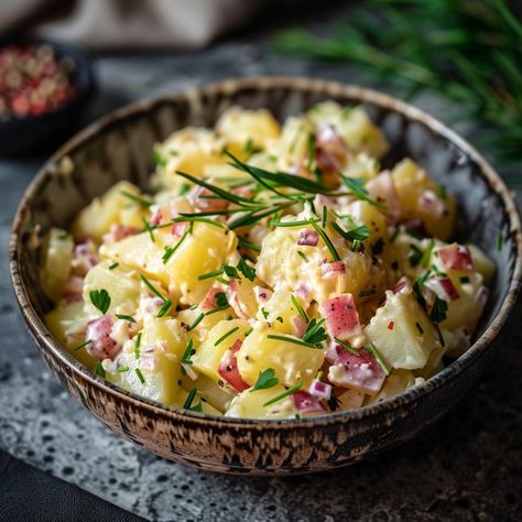 ## *German Potato Salad: A Classic Side Dish* *#GermanFood #PotatoSalad #SummerSideDish* German potato salad, also known as *kartoffelsalat*, is a classic side dish that is perfect for any occasion. It is made with boiled potatoes, bacon, onions, and a tangy vinaigrette dressing. The salad is typically served at room temperature or slightly chilled. *Ingredients:* * 2 pounds potatoes, peeled and cut into bite-sized pieces * 1/2 pound bacon, chopped * 1 small onion, chopped * 1/4 cup apple... Potato Salad Photography, Speciality Salads, Potato Apple Salad, Potatoes Salad, Sweet Chili Sauce Recipe, German Potato, Creamy Potato Salad, German Potato Salad, Vegetable Rice