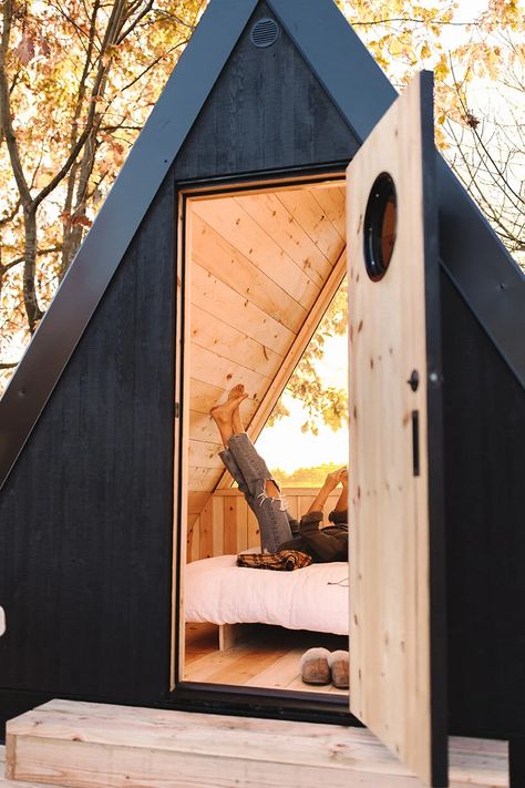 A Frame Sleeping Cabin, A Frame Camping Cabin, A Frame Tiny Cabin Plans, 200 Sq Ft A Frame Cabin, Glamping A Frame, A Frame Fort, Mini A Frame Cabin, Backyard A Frame, Camping Cabin Ideas