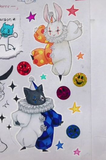 Drawn by @_professional__simp on tiktok Clown Animals Drawing, Pierrot Clown Drawing, Types Of Clowns Chart, Clown Doll Drawing, Clown Cat Drawing, Happy Clown Drawing, Clown Drawing Aesthetic, Clown Oc Drawing, Clown Fursona