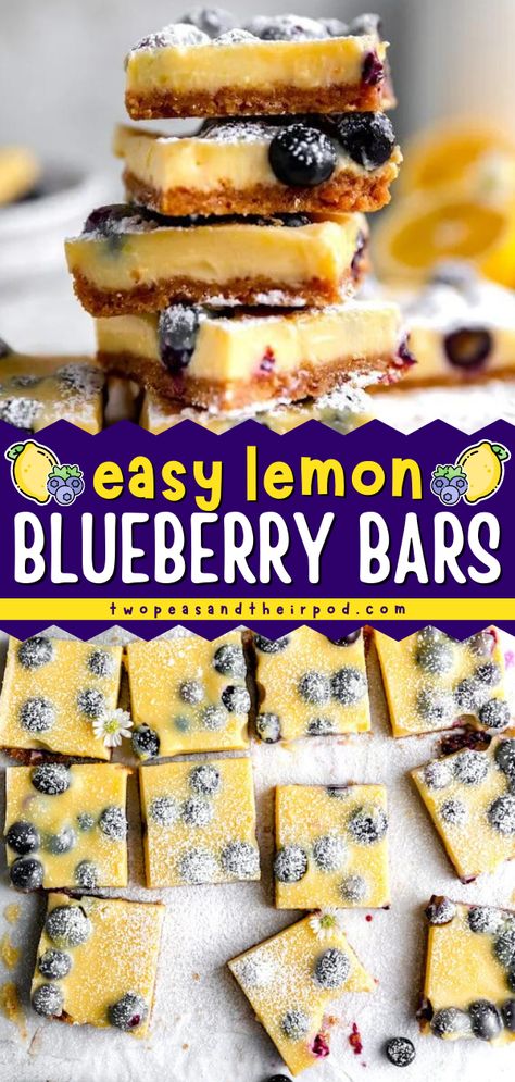 Out of summer dessert ideas? These Lemon Blueberry Bars are easy-to-make homemade dessert bars with a tart creamy lemon filling and juicy blueberries! It is one delicious summertime dessert! Lemon Blueberry Bars, Homemade Lemon Bars, Easy Bar Recipes, Blueberry Bars, Graham Cracker Recipes, Lemon Bars Easy, July Desserts, Spring Dessert, Blueberry Tart