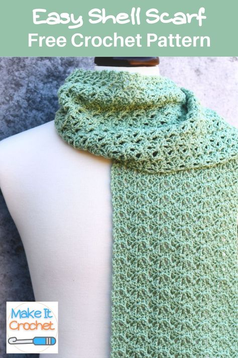 Easy Shell Stitch Scarf Pattern Lightweight Crochet Scarf, Simple Scarf Crochet Pattern, Crochet Lace Scarf, Crochet Scarf Easy, Crochet Pattern Instructions, Crochet Leaf Patterns, Simple Scarf, Crochet Shell Stitch, Crochet Scarf Pattern Free