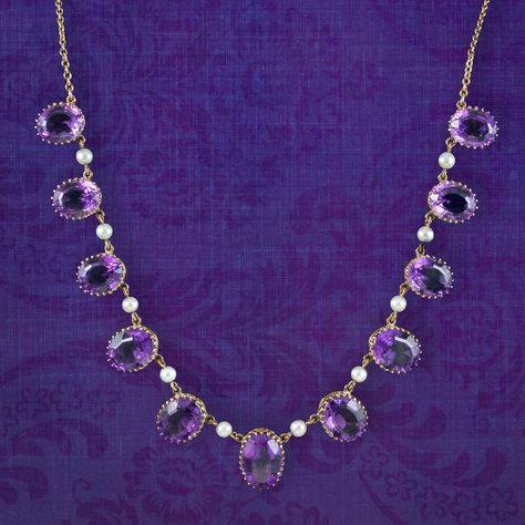 VINTAGE AMETHYST PEARL NECKLACE 9CT GOLD 27CT OF AMETHYST DATED 1976  | eBay British Crown Jewels, Antique Jewellery Online, Diamond Chain Necklace, Diamond Chain, Antique Necklace, Amethyst Jewelry, Minerals And Gemstones, Wedding Jewellery Necklace, Crown Jewels