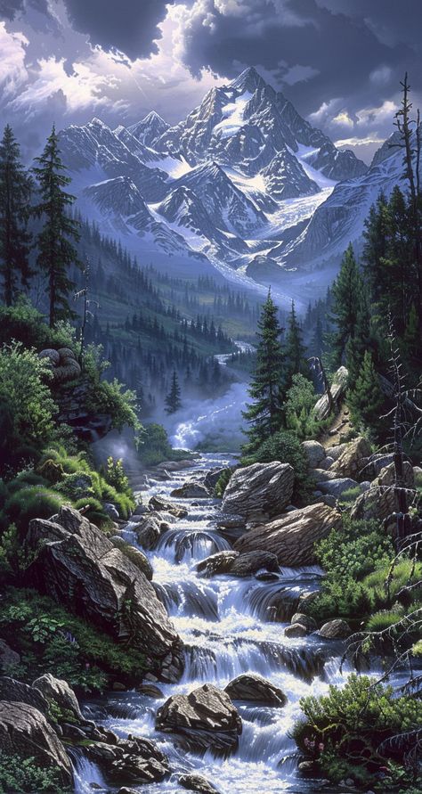 majestic mountain scenery and beautiful waterfalls Fantasy Scenery Landscapes, Fantasy Inspiration Scenery, Mountain Scenery Painting, Beautiful Autumn Scenery, Mountain And Waterfall, Organization Wallpaper, Alaska Landscape, Jing Y Jang, Beautiful Paintings Of Nature