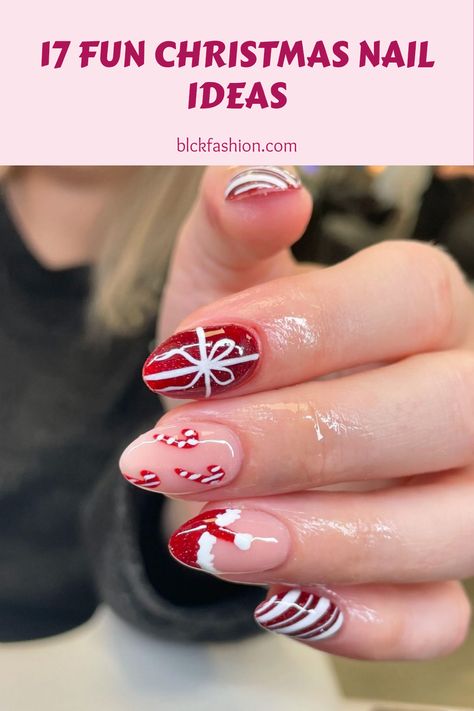 Get ready to sparkle this Christmas with these 17 fun Christmas nail designs! These simple yet stunning ideas range from playful candy cane strips to glittering snowflakes, ensuring your holiday nails will turn heads. Whether you want something festive and colorful or elegant and chic, we've got you covered. You can recreate these trendy nail designs at home without any fuss. Perfect for parties or just getting into the holiday spirit, each style brings holiday cheer right to your fingertips. Simple Christmas Nail Designs, Nail Designs At Home, Simple Christmas Nail, Glitter Snowflakes, Festive Manicure, Latest Nail Designs, Christmas Nail Ideas, Trendy Nail Designs, Classic Candy