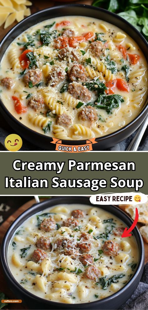 Warm up with a bowl of Creamy Parmesan Italian Sausage Soup. This rich and hearty soup combines Italian sausage, Parmesan, and veggies in a creamy broth, providing comfort in every spoonful. #SausageSoup #CreamySoup #ComfortFood Creamy Based Soup, Creamy Sausage Parmesan Soup, Creamy Italian Sausage Soup Recipes, Italian Sausage Recipes For Dinner Soup, Crockpot Soup With Italian Sausage, Creamy Sausage Pasta Soup, Creamy Italian Sausage Pasta Soup, Stanley Tucci Creamy Parmesan Tuscano Soup, What To Make With Ground Sausage Dinners