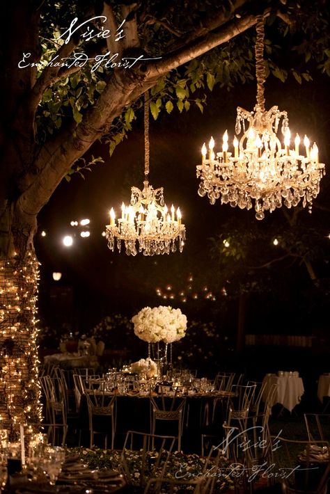 Hanging Tree Lights Wedding, Hanging Chandelier From Tree, Forest Chandelier Wedding, Chandelier Theme Wedding, Wedding Chandelier Outdoor, Chandelier At Wedding, Chandelier Hanging From Tree, Outdoor Tree Chandelier, Chandelier Tree Wedding