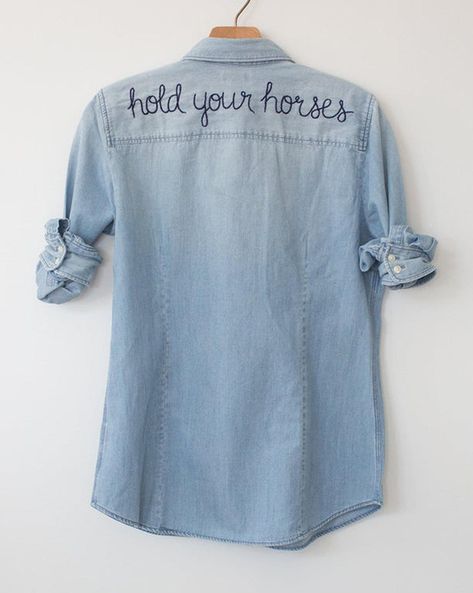 Step up your wardrobe with a custom embroidered shirt from Silver Oaks Farm. Add your brand name, blog or favorite phrase to a shirt. Embroidered Chambray Shirt, Stable Style, Embroidered Denim Shirt, Equestrian Shirt, Chambray Denim Shirt, Western Denim Shirt, Equestrian Outfits, Embroidered Denim, Chambray Shirt