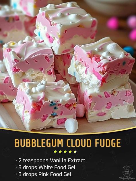 Jamie Oliver Recipes | Bubblegum Cloud Fudge | Facebook Bubblegum Cloud Fudge, Bubblegum Fudge, Fudge Desserts, Cinnamon Scones Recipe, Homemade Snacks Recipes, Dipped Treats, Fudge Dessert, Unicorn Party Food, Cinnamon Scones