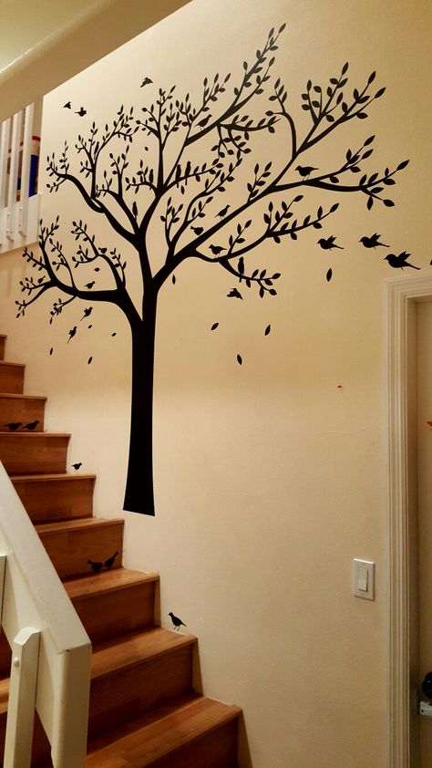 Home Entrance Wall Painting, Simple Wall Paintings, Stairs Wall, Staircase Wall Decor, Tree Frame, Stair Wall, Staircase Wall, Diy Wall Painting, Journal Idea