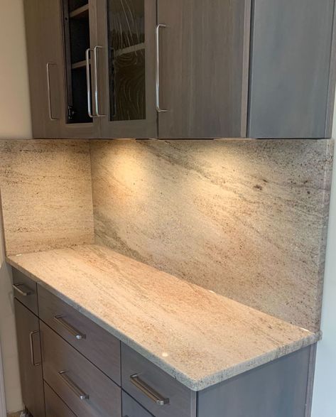 For this beautiful kitchen install we worked with @mhcustomcabinets. The granite featured here is Kashmir Cream, the customer opted to do a full height backsplash that was fabricated from the same stone as the countertops. The stone was provided by @globalgranitemarble #countertops #naturalstone #StoneMark Tan Stone Countertops, Kitchen Backsplash With Cream Cabinets Stone, Kashmir Cream Granite Countertops, Butterfly Beige Granite Countertops, Tan Granite Countertops, Cream Granite Countertops, Millennium Cream Granite, Full Height Backsplash, Granite Backsplash Kitchen