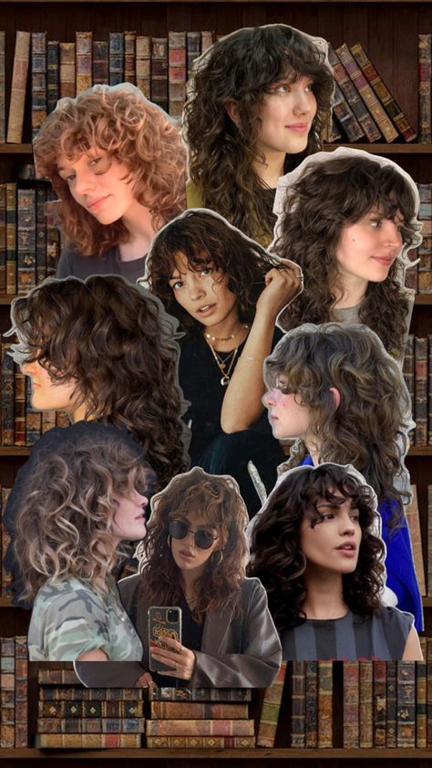 Curly Hair Short Women, Curly Rockstar Haircut, Side Swept Curly Hair, Permed Shag Hairstyles, Curly 70s Shag, Curly 70s Hairstyles, How To Style Curly Bangs Hairstyles, Permed Wolf Cut, Curly Hair Mullet Woman