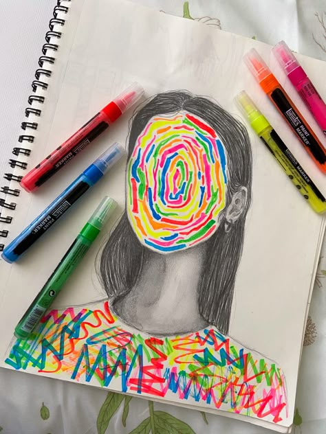 Colorful Drawings Aesthetic, Trippy Sketchbook Ideas, Felt Tip Art, Bright Drawings Ideas, Bright Color Drawing, Mind Blown Art, Sketchbook Ideas Colorful, Highlighter Art Ideas, Marker Art Inspiration