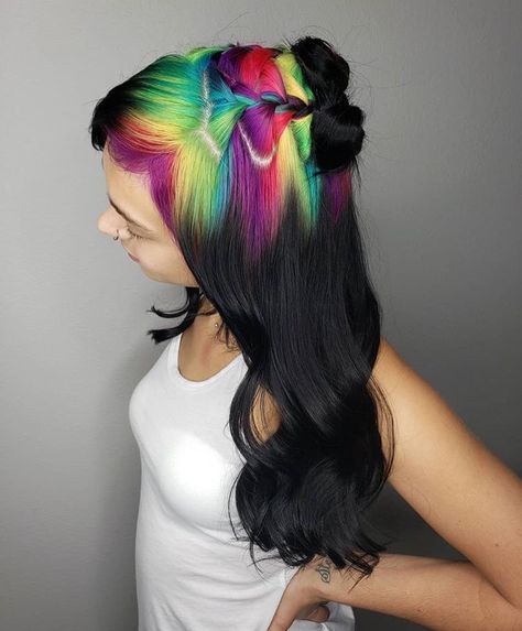 Rainbow Hair With Dark Roots, Rainbow Roots Black Hair, Vivid Roots Hair, Black Hair With Colored Roots, Purple Roots Black Hair, Black And Rainbow Hair, Colored Roots With Black Hair, Coloured Roots, Ghost Roots Hair