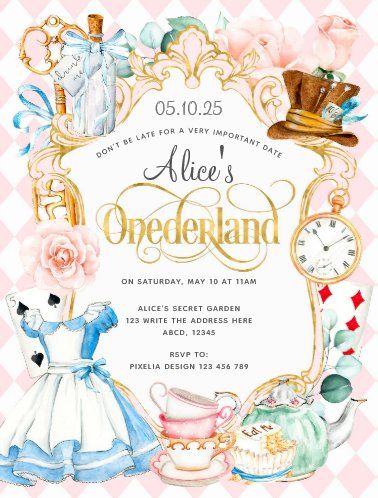 Wonderland Party Invitations, Wonderland Party Theme, Alice In Wonderland Invitations, Wonderland Invitation, Pink Girl Birthday, Wonderland Birthday Party, Alice In Wonderland Tea Party Birthday, Onederland Birthday Party, Alice In Wonderland Cakes