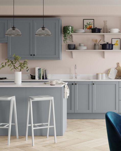 Kitchen Diner Wall Colours, Grey And Peach Kitchen, Pink Walls Grey Floor, Wall Lights Kitchen Diner, Navy Kitchen Pink Walls, Pink Painted Kitchen Walls, Pink Walled Kitchen, Grey Kitchen Cabinets Pink Walls, Kitchen With Colored Walls