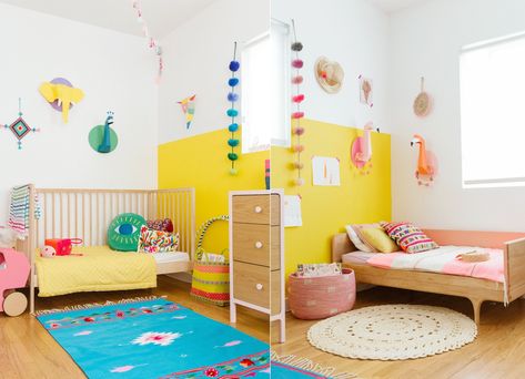 Yellow Kids' Rooms: How To Use & Combine Bright Decor Bedroom Yellow Accents, Yellow Kids Bedroom, Colorful Kids Bedroom, Yellow Kids Rooms, Childrens Shelves, Bedroom Yellow, Bed Designs With Storage, Kids Storage Units, Bright Decor