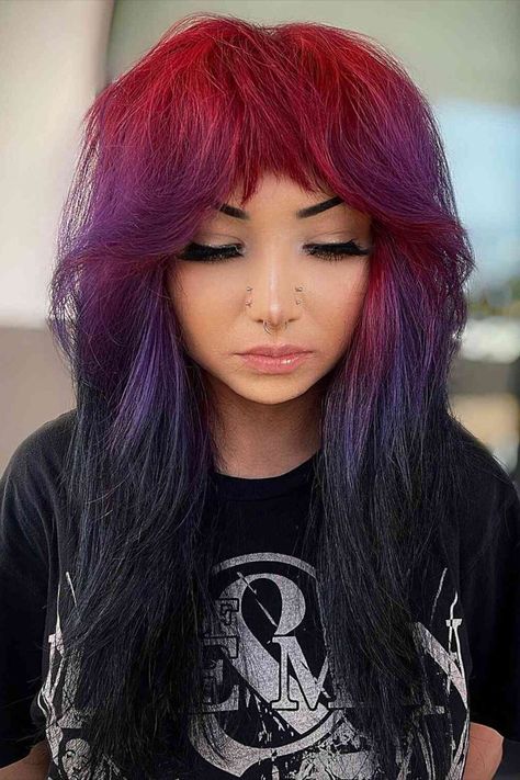 Vampire-Inspired Long Shag with Ombre Red Hair Tips, Ombre Hair Ideas, Long Ombre Hair, Black Red Hair, Short Hair Tomboy, Red Hair Inspo, Vivid Hair Color, Short Hair Images, Long Layered Haircuts