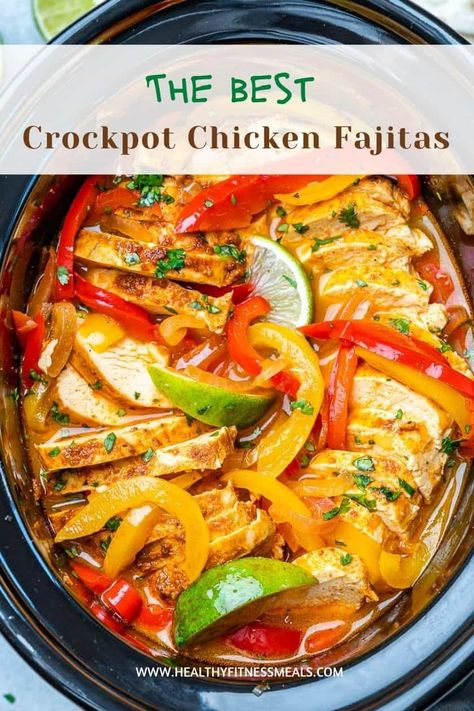 Crockpot Chicken Fajitas Fajitas Crockpot Chicken, Chicken Crockpot Recipes Gf Df, Healthy Chicken Fajitas Crockpot, Slow Cooker Chicken Fajita Recipes, Crockpot Meal Dairy Free, Chicken Fajitas In Crockpot, Chicken Fajita Casserole Crockpot, Crockpot Recipes Fajitas, Crock Pot Chicken Fajitas Slow Cooker