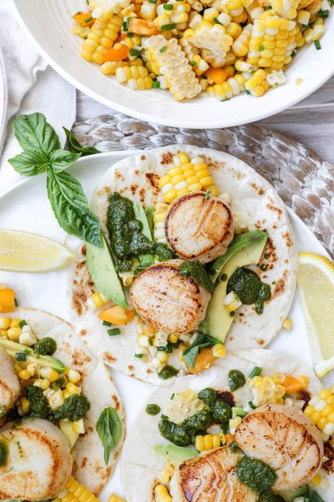 Street Corn Shrimp Tacos, Scallop Tacos, Tacos With Corn Salsa, Easy Corn Salsa, Seared Sea Scallops, Creamy Garlic Pasta, How To Cook Scallops, Smoked Oysters, Bacon Wrapped Scallops