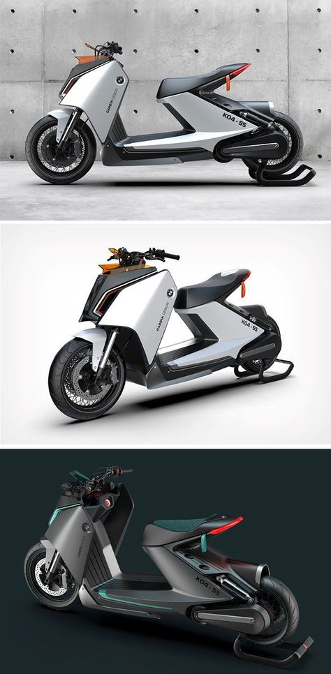 Designed to look almost like the successor to BMW’s Concept Link from 2017, the e-scooter by Carota Design uses a similar CMF, but with leaner, lighter, and narrower forms. The matte-finish metal panels look distinctly like something from BMW’s playbook Future Bike Concept, Electric Motorcycle Design, Scooter Concept, Cars & Motos Design, Future Motorcycle Concept, Electric Scooter Design, Eletric Bike, Retro Scooter, Bmw Concept