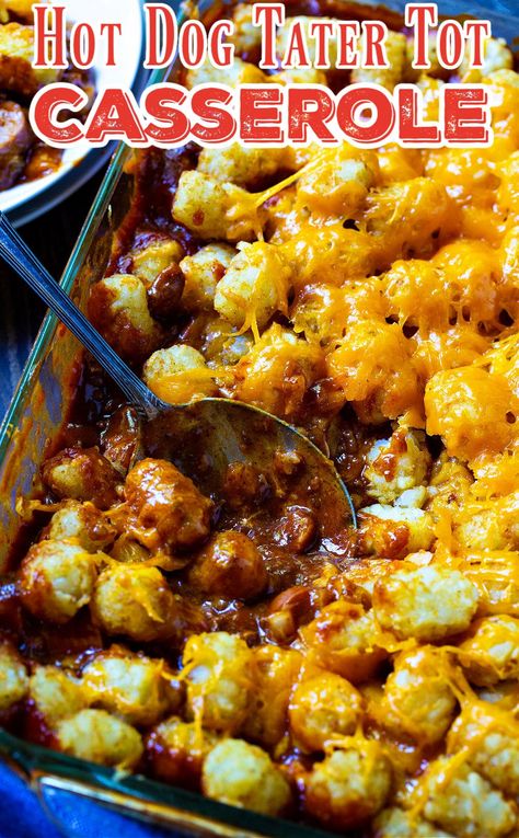 Cheesy Hot Dog Tater Tot Casserole Hot Dog Recipes Casserole, Hot Dog Tater Tot Casserole, Sausage Casseroles, Tator Tot Recipe, Casserole Slow Cooker, Hot Dog Casserole, Tater Tot Casserole Recipe, Work Potluck, Spicy Southern Kitchen