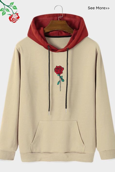 Mens Rose Print Contrast Casual Drawstring Hoodies With Kangaroo Pocket Stylish Hoodies, Mens Casual Dress Outfits, Men's Casual Style, Winter Hoodies, Mens Winter Fashion, Printed Drawstring, Chic Clothes, Drawstring Hoodie, Hoodies Design