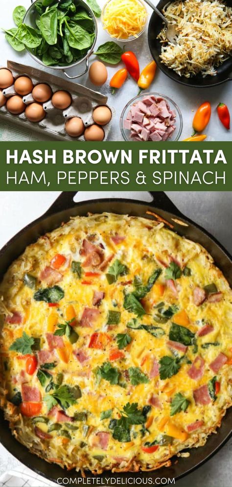 This hash brown frittata is the perfect addition to your breakfast or brunch menu, especially if you’re entertaining! It’s filled with smoked ham, peppers, spinach, and cheddar cheese, all inside a crispy hash brown crust. It’s a meal all by itself and it’s perfect any time of day. | brunch frittata easy recipes | hashbrown frittata recipes | best frittata recipes breakfast | hashbrown egg frittata | frittata with ham | frittata with hashbrown crust | frittata with peppers | frittata with cheese Baked Egg Frittata Recipes, Frittata For A Crowd, Christmas Frittata Recipes, Ham And Cheese Frittata Recipes, Frittata Recipes Breakfast Sausage, Hashbrown Frittata, Bacon Frittata Recipes, Sausage Frittata Recipes, Fritata Recipe Breakfast Easy