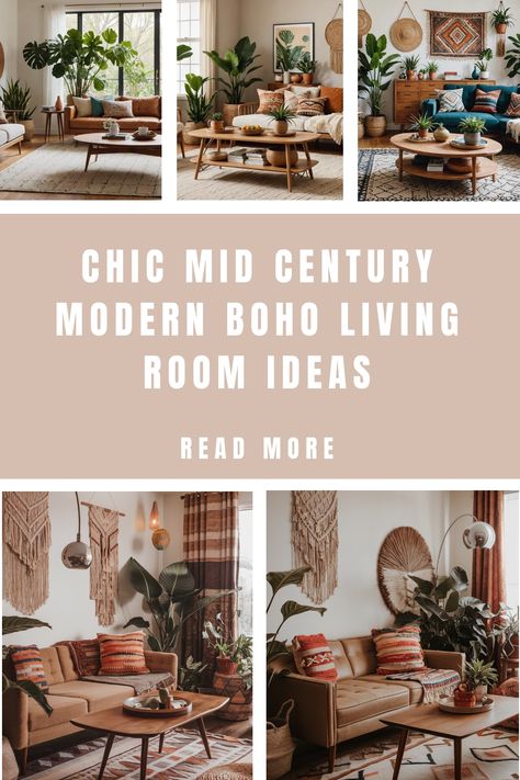 Chic mid-century modern boho living room with plants and eclectic decor. Mcm Meets Boho, Mcm Boho Living Room, Southwest Boho Living Room, Mid Century Modern Boho Living Room, Minimalist Boho Living Room, Modern Boho Living Room Ideas, Mid Century Boho Living Room, Living Room Inspiration Modern, Bohemian Mid Century Modern