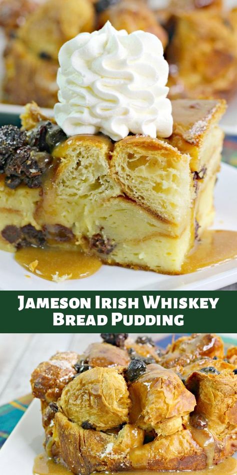 This decadent Jameson Irish whiskey bread pudding is a decadent yet easy breakfast or brunch. Buttery croissants laced with Jameson Irish whiskey make the base of this deliciously sweet breakfast casserole. A rich homemade caramel sauce tops it off and makes this a breakfast or brunch dish to remember. #breakfastrecipe #breakfastcasserole #recipe Baileys Bread And Butter Pudding, Chocolate Bread And Butter Pudding, Baileys Bread Pudding, Bread Pudding Bourbon, Bread Pudding Bourbon Sauce, Whiskey Bread, Whiskey Bread Pudding, Brioche Bread And Butter Pudding, Irish Bread Pudding