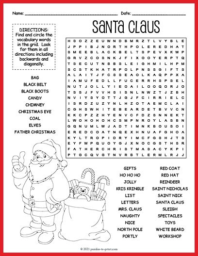 Santa Claus Activities For Kids, Santa Worksheet, Word Puzzles For Kids, Printable Santa Claus, Free Word Search Puzzles, Christmas Puzzles, Christmas Word Search, Christmas Units, Santa Letter Template