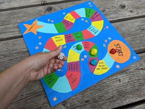 DIY Board Game Craft for Kids Home Made Board Games Diy, Board Game Vbs Crafts, Math Board Games Diy Project, Homemade Game Boards, Diy Board Games For School Projects, How To Make A Board Game, Diy Gameboard, Video Game Crafts For Kids, Board Game Ideas For School Project