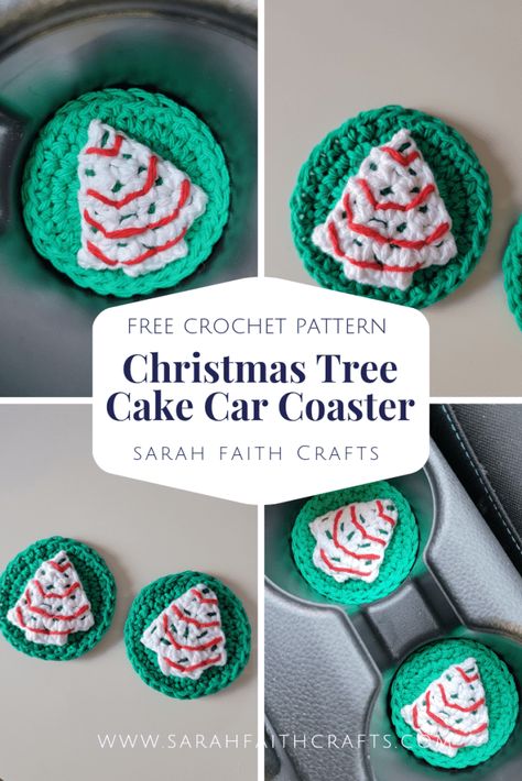 Free Crochet Pattern: Christmas Tree Cake Car Coasters - Sarah Faith Crafts - Free Knitting and Crochet Patterns Crochet Winter Coasters Free Pattern, Free Crochet Patterns Ornaments, Crochet Christmas Tree Cake, Christmas Tree Cake Crochet, Christmas Car Crochet, Crochet Little Debbie Tree Cake, Christmas Crochet Coasters Free Pattern, Free Christmas Crochet Patterns Easy, Free Holiday Crochet Patterns