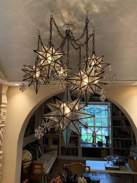 Magical House Decor Ideas, Star Ceiling Light Fixture, Whimsigothic Dining Room, Witchy Light Fixtures, Night Court Home Decor, Celestial Light Fixture, Star Home Decor, Moody Ceiling Fan, Night Court Home Aesthetic