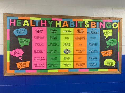 Fun Facts Bulletin Board, Health And Pe Bulletin Board, Healthy Habits Bingo, Phys Ed Bulletin Board Ideas, Health Booth Ideas, Healthy Living Bulletin Board, Health Class Bulletin Board Ideas, School Nurse Bulletin Board Ideas Middle School, Pe Bulliten Boards